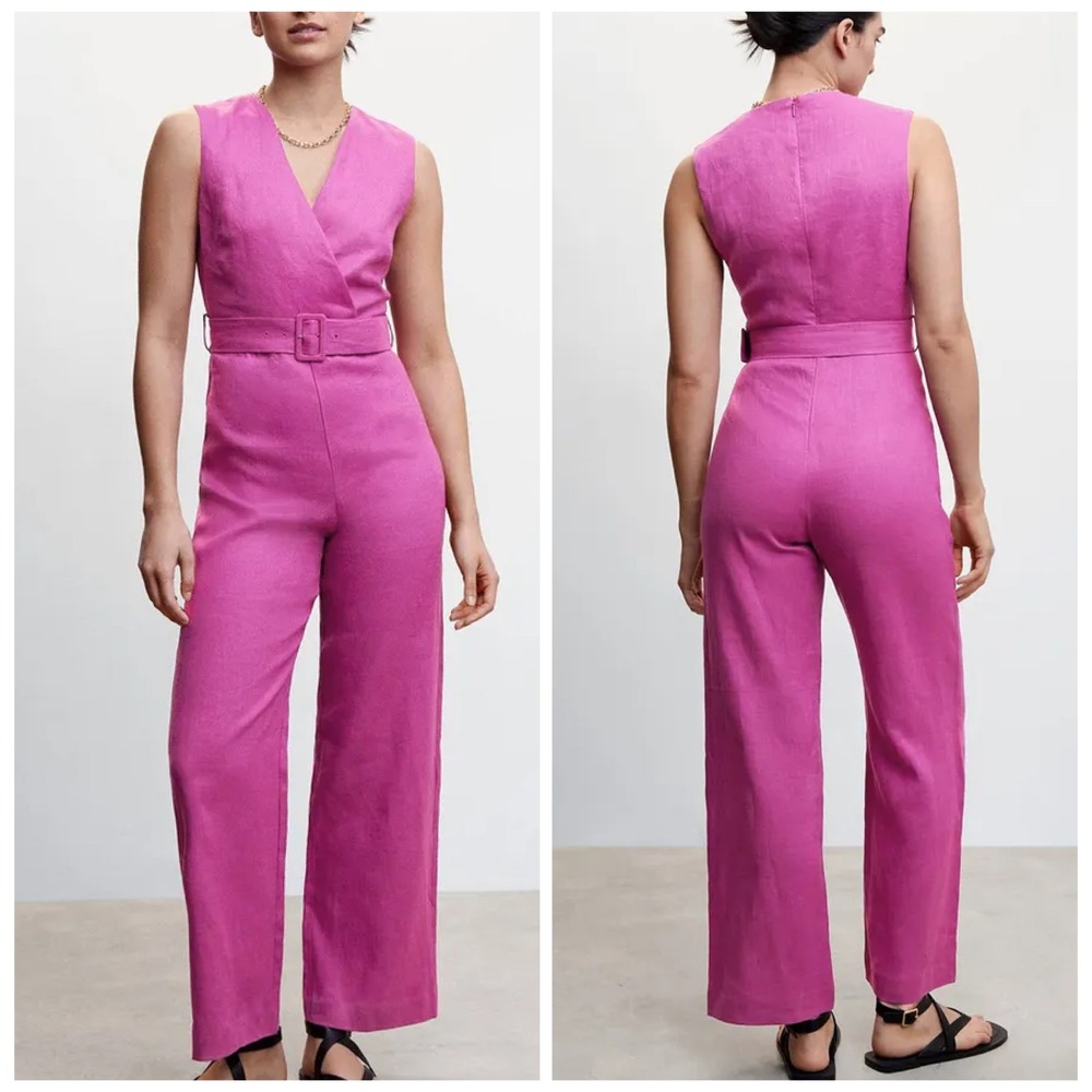 MNG Mango Nalita Linen Wrap-Style Sleeveless Jumpsuit Fuchsia Purple Belted XL